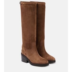 Jimmy Choo Yasmin 70mm Biker Boots Brown Suede Leather Tall $1595 EU 37.5 US 7.5
